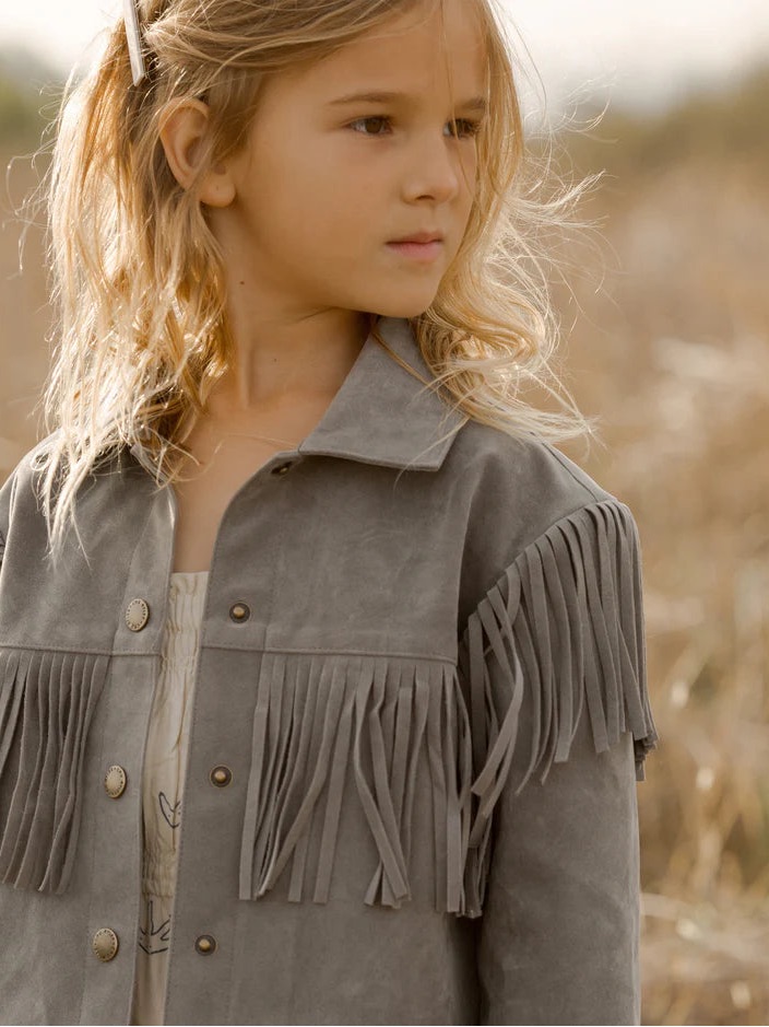 Rylee + Cru Gray Faux Suede Fringe Jacket